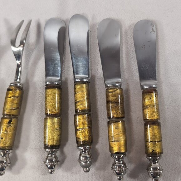 TAG 8 Set Glass Bead 4 Butter Knife 4 Pickle Fork Green Gold Silver Metal Spread - Picture 8 of 13